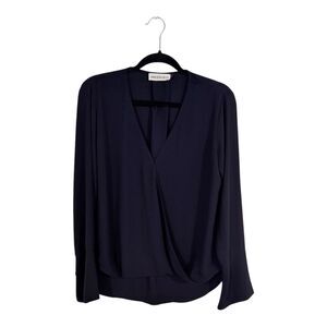 Veronica M. Navy Blue Blouse V Neck Long Sleeve High Low Sheer Flowy Cuff size L